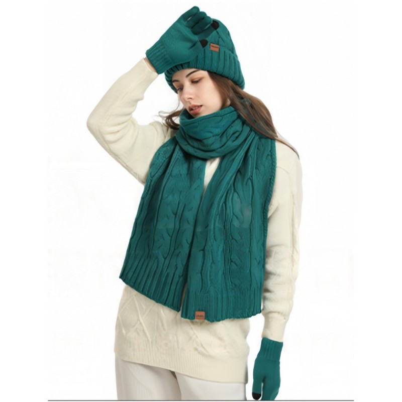 Womens Winter Knit Warm Hat Beanie Long Scarf Touch Screen Gloves Set